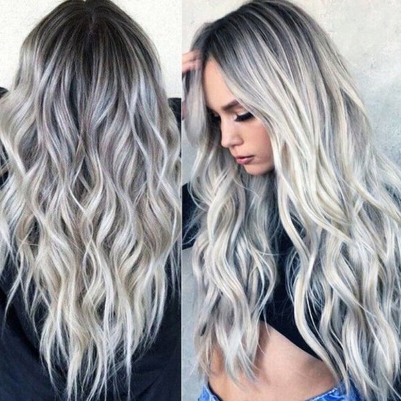 Other - Silver Grey Lace Front Wigs Long Wavy Synthetic Hair
